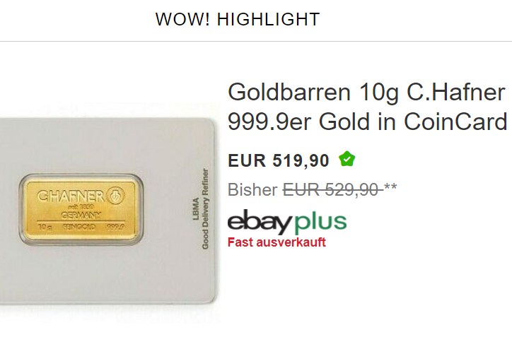 Ebay: 10 Gramm Gold für attraktive 519,90 Euro