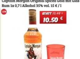 Dealclub: Zwei Flaschen Rum „Captain Morgan“ mit Glas für 16,20 Euro