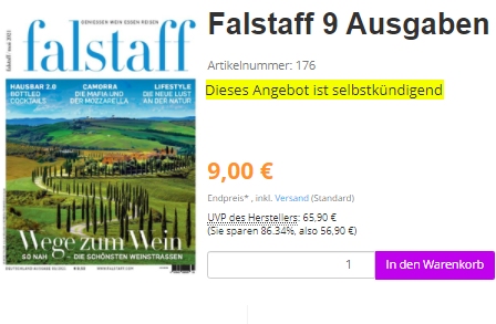 Falstaff: 9 Ausgaben für 9 Euro mit automatischem Ende