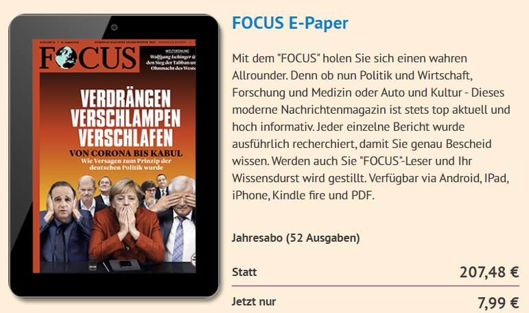 Focus: Jahresabo als ePaper für 7,99 Euro