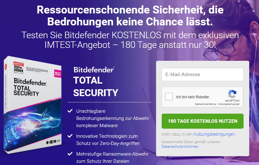 Gratis: "Bitdefender Total Security" 180 Tage zum Nulltarif