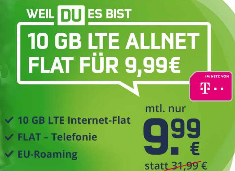 Telekom-Netz: Zehn GByte Datenvolumen mit Telefonflat für 9,99 Euro