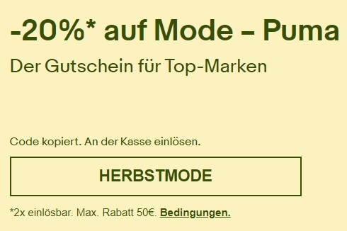 Puma: Mode bei Ebay mit 20 Prozent Extra-Rabatt