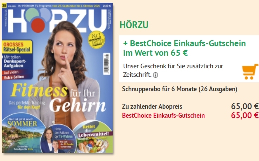 Hörzu: Halbjahresabo für 65 Euro mit Bestchoice-Gutschein über 65 Euro