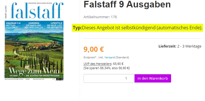 Falstaff: 9 Ausgaben mit automatischem Abo-Ende für 9 Euro