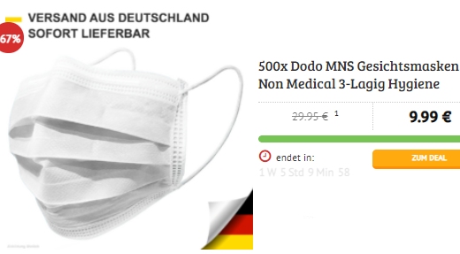 Dealclub: 500er-Pack Einwegmasken für 13,89 Euro frei Haus