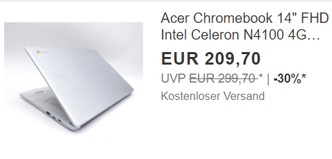 Ebay: Acer-Chromebook als B-Ware für 209,70 Euro frei Haus