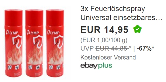 Ebay: Dreierpack Feuerlöschspray zum Bestpreis von 14,95 Euro frei Haus