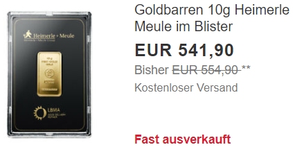 Ebay: Goldbarren mit zehn Gramm für 541,90 Euro frei Haus