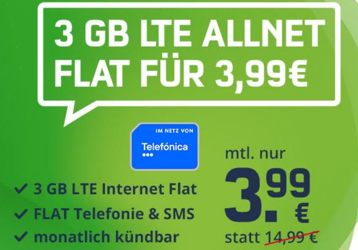 Mobilcom Debitel: Monatlich kündbare LTE-Flat mit 3 GByte für 3,99 Euro