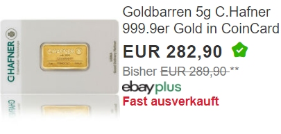 Ebay: Goldbarren mit fünf Gramm für 282,90 Euro frei Haus