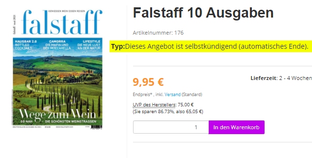 Falstaff: Jahresabo mit automatischem Ende für 9,95 Euro