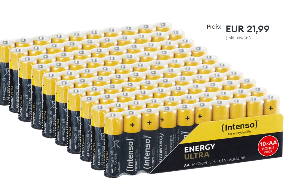 Ebay: 100er-Pack AA-Batterien von Intenso für 21,99 Euro