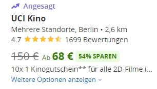 Groupon: 10 UCI-Kinotickets für 68 Euro