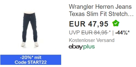 Wrangler: Jeans bei Ebay mit Gutschein für 38,36 Euro frei Haus