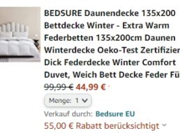 Amazon: Extra dicke Daunendecke für 44,99 statt 99,99 Euro