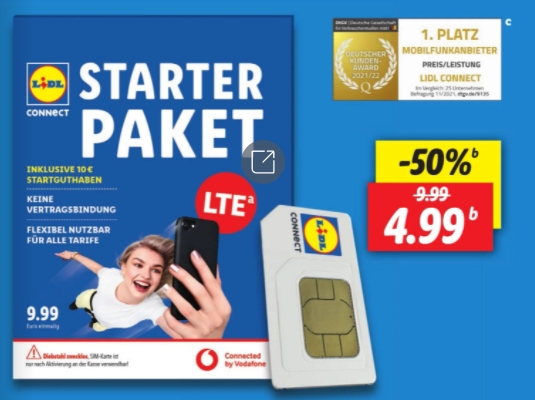 Lidl 10 SIM-Karte – Euro mit Euro 4,99 für Connect: Guthaben