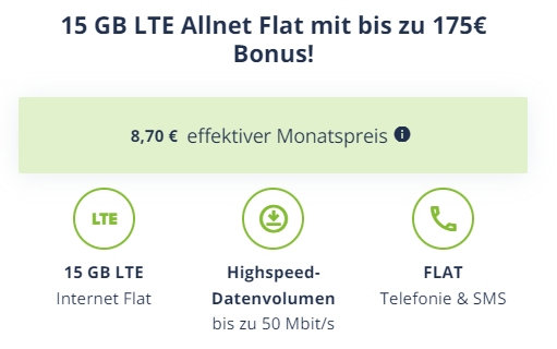 Vodafone-Flat: 15 GByte LTE, SMS- und Telefonflat für 8,70 Euro