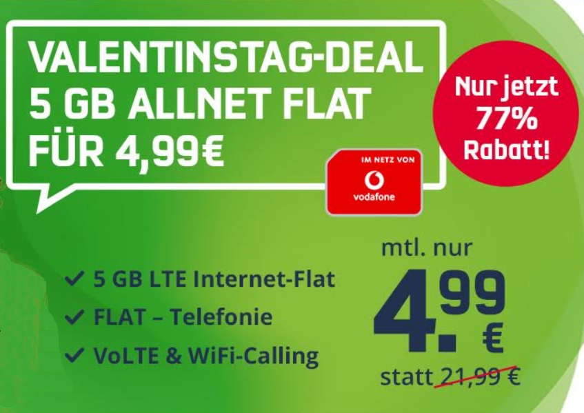 Vodafone-Netz: LTE-Flat mit fünf GByte für 4,99 Euro