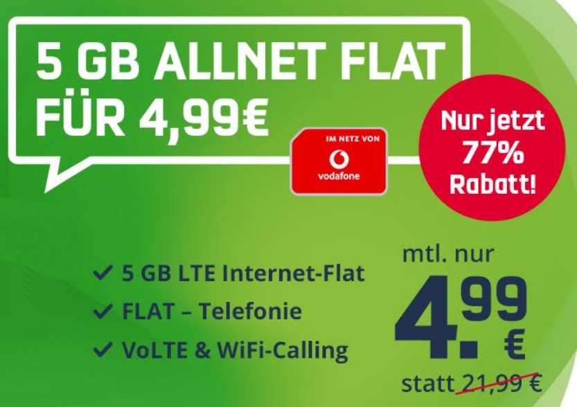 Vodafone-Netz: LTE-Flat mit 5 GByte & Allnet-Flat für 4,99 Euro