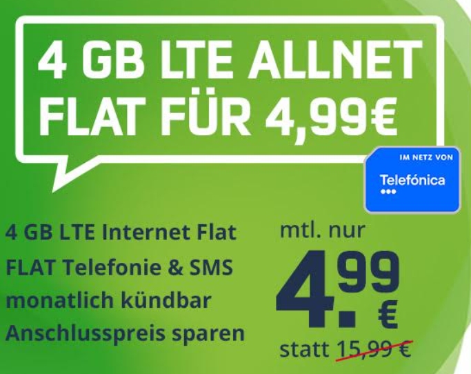 Mobilcom: Monatlich kündbare LTE-Flat mit vier GByte für 4,99 Euro