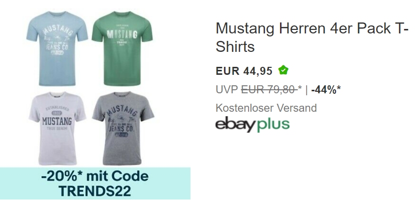 Mustang: Viererpack T-Shirts via Ebay für 35,96 Euro frei Haus