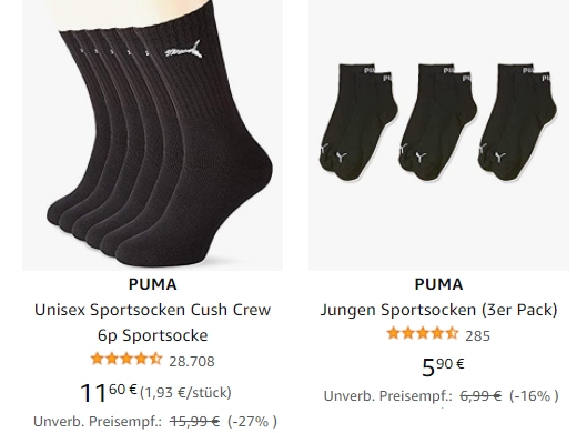 Amazon: Sechserpack Sportsocken von Puma ab 11,10 Euro