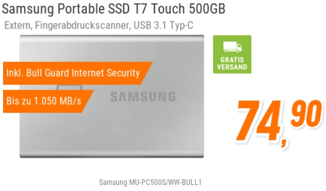 NBB: "Samsung Portable SSD T7 Touch" mit Fingerprintsensor für 74,90 Euro