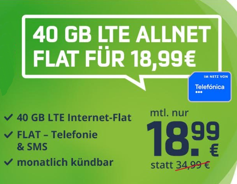 Mobilcom: Monatlich kündbare LTE-Flat mit 40 GByte für 18,99 Euro