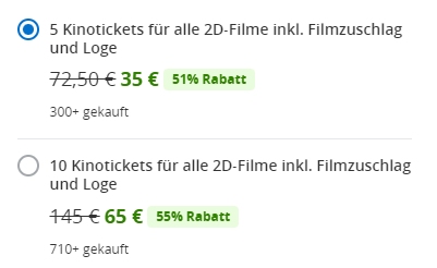 Groupon: 10er-Pack Kinotickets für Cineplex für 65 Euro