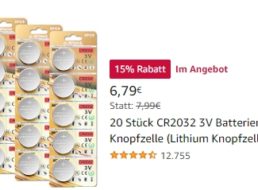 Amazon: 20er-Pack CR2032-Knopfzellen für 6,79 Euro