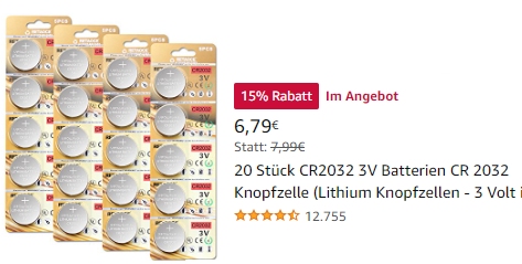 Amazon: 20er-Pack CR2032-Knopfzellen für 6,79 Euro