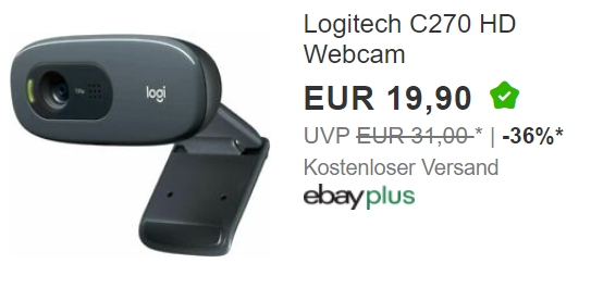 Ebay: Webcam "Logitech C270 HD" für 19,90 Euro