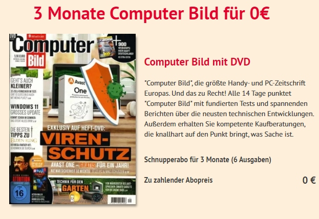 Gratis: "Computer Bild mit DVD" 6 mal zum Nulltarif frei Haus