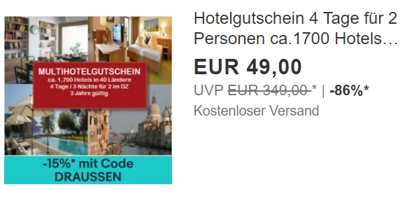 Ebay: Hotelgutschein mit 15 Prozent Rabatt für 41,65 Euro