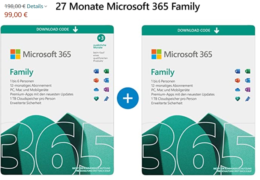 Knaller: 27 Monate "Microsoft 365 Family" bei Amazon für 99 Euro