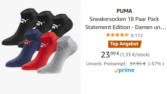 Puma: 18 Paar Quartersocken für 23,99 Euro