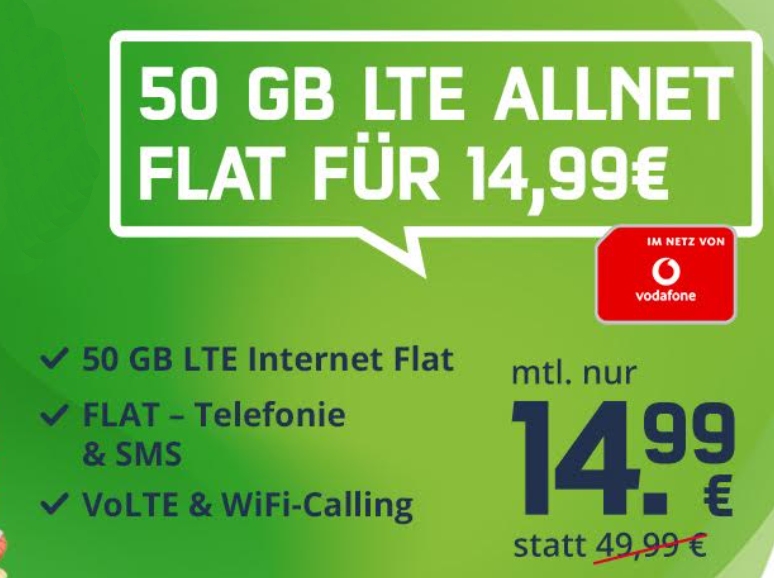 Vodafone-Netz: Allnet-Flat mit 50 GByte LTE-Daten für 14,99 Euro