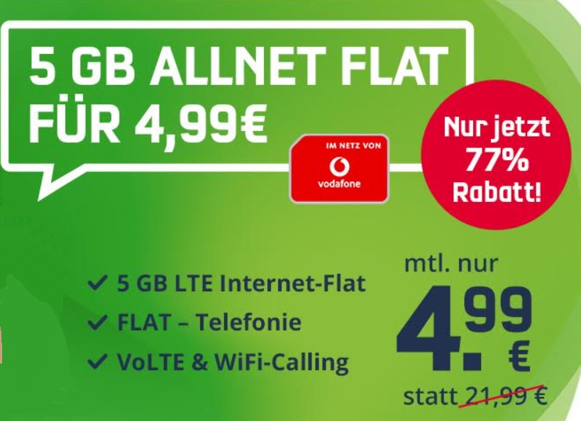 Vodafone-Netz: 5 GByte LTE und Telefonflat für monatlich 4,99 Euro