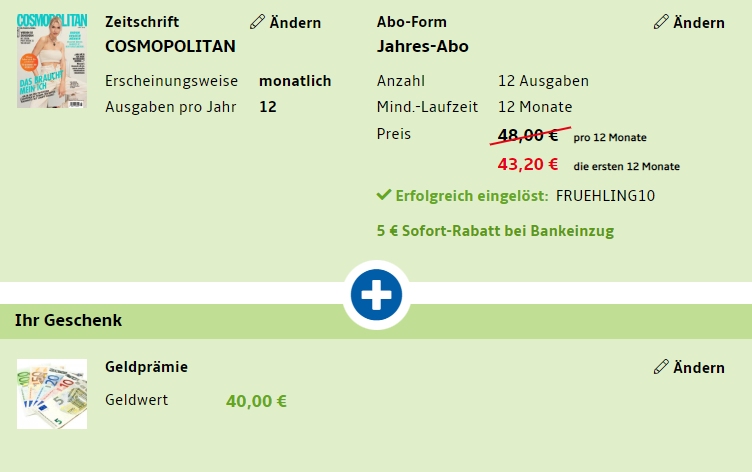 Cosmopolitan: Jahresabo für 38,20 Euro mit Geldprämie über 40 Euro