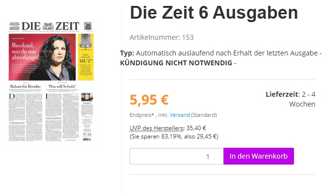 "Die Zeit": 6 Ausgaben mit automatischem Ende für 5,95 Euro