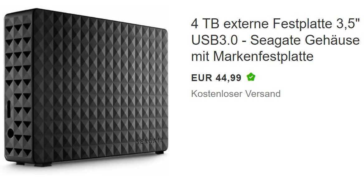 Ebay: Externe Festplatte mit vier TByte für 44,99 Euro