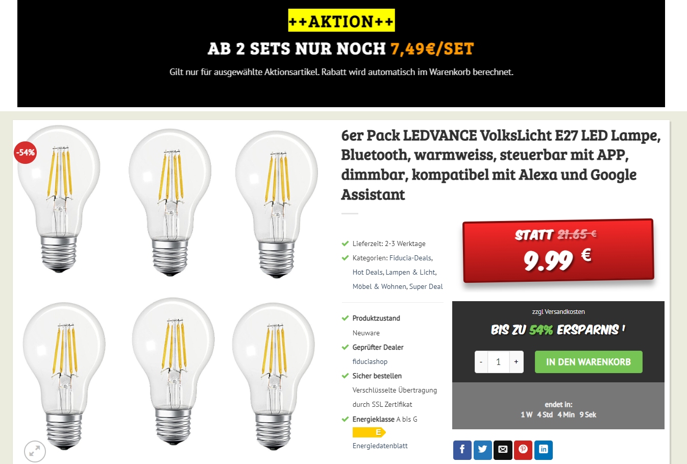 Dealclub: Sechserpack smarte LED-Birnen ab 7,49 Euro frei Haus