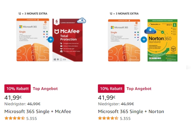 Amazon: 15 Monate Microsoft 365 Single & McAfee für 41,99 Euro