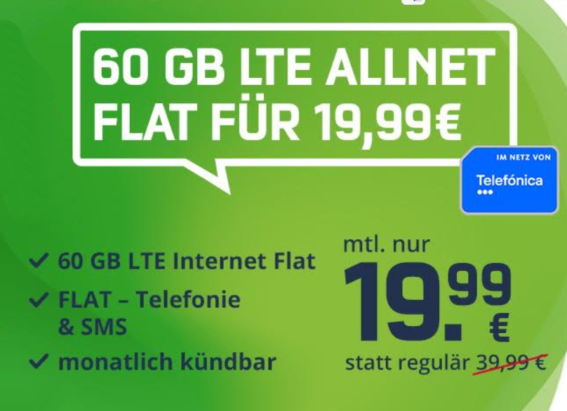 Knaller: 60 GByte LTE-Volumen monatlich kündbar für 19,99 Euro