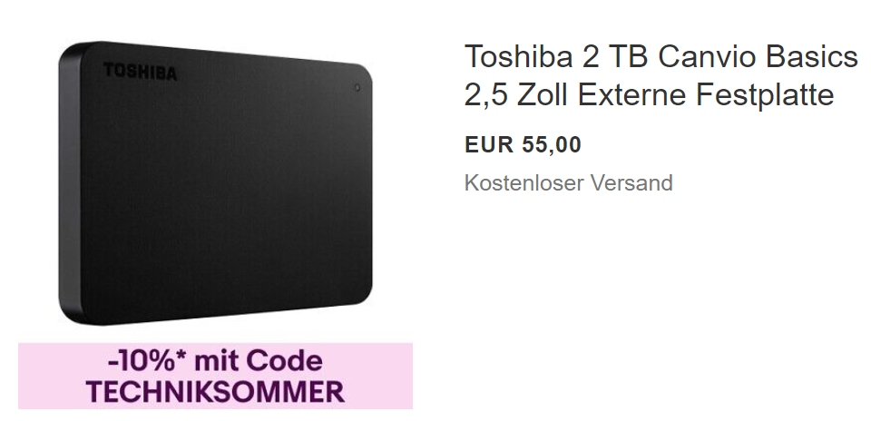 Ebay: Toshiba Canvio Basics mit zwei TByte für 49,50 Euro frei Haus