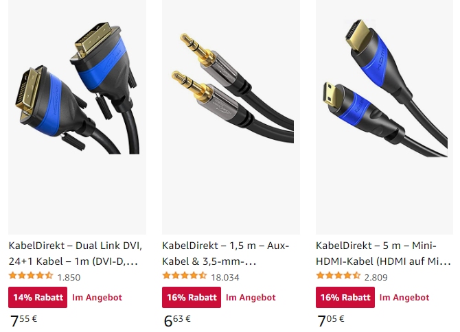 Kabeldirekt: Sale bei Amazon mit Kabeln ab 5,79 Euro