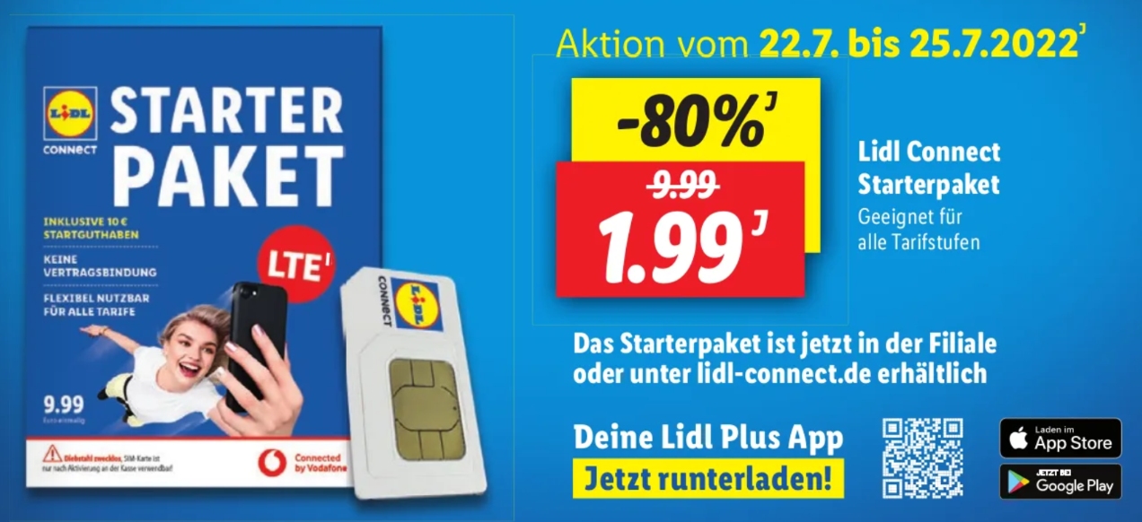 Lidl Plus: Starterpaket "Lidl Connect" mit 10 Euro Guthaben für 1,99 Euro