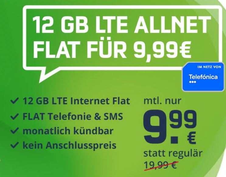 Green LTE: 12 GByte Daten & Allnet-/SMS-Flat für monatlich 9,99 Euro