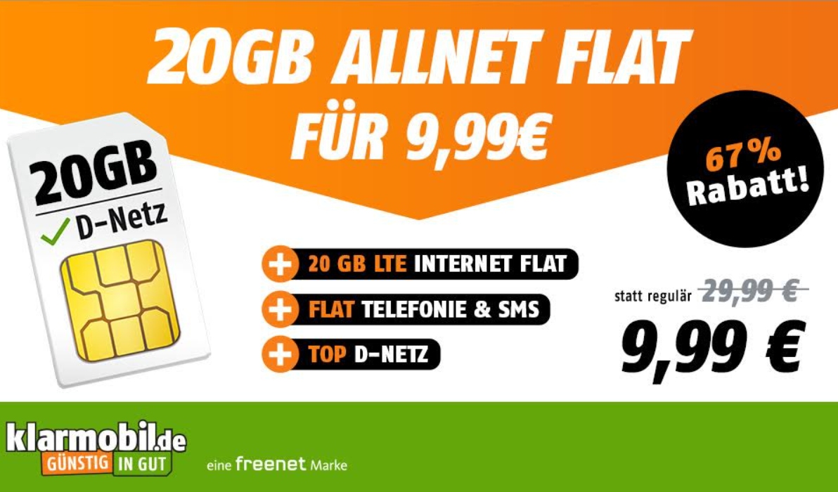 Vodafone-Netz: 20 GByte LTE mit Telefonflat für 9,99 Euro